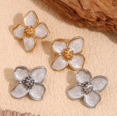 18K Real Gold Plated Stainless Steel Flower Enamel Ear Post Stud Earring