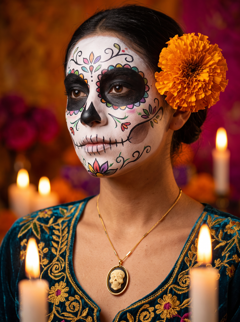 Alma Eterna gold-plated Día de los Muertos skull-and-rose cameo necklace