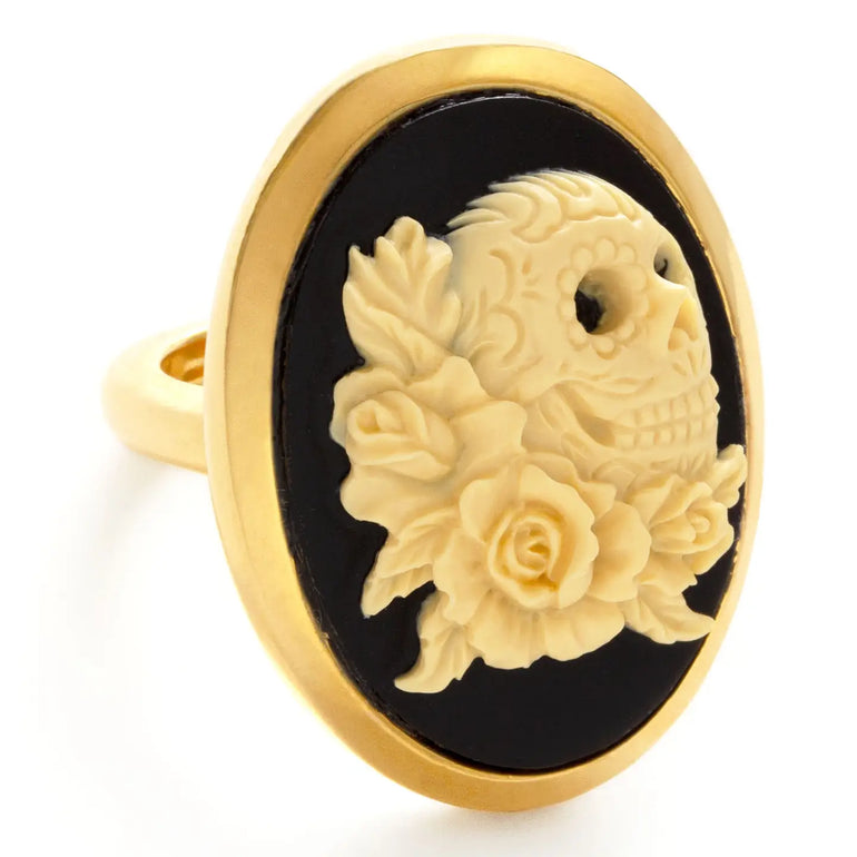 Alma Eterna gold-plated Día de los Muertos skull-and-rose cameo ring
