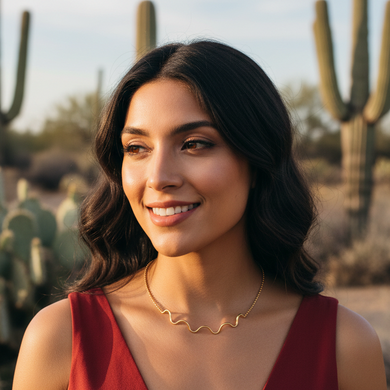 Gold chain with wavy design on a white background
