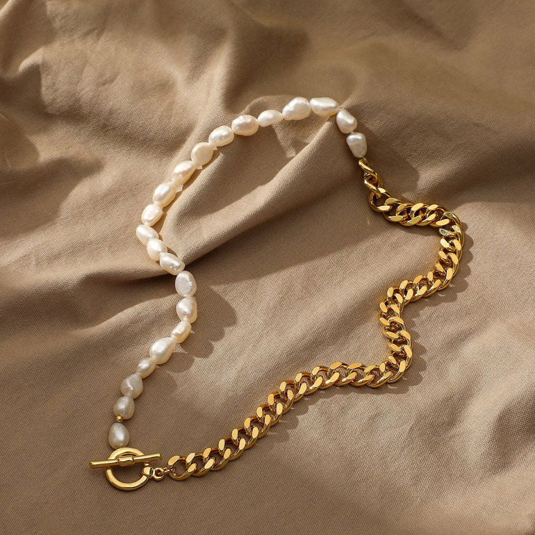 Dos Caminos - (Two Paths)   Item Detail: Exquisite White 304 Stainless Steel & Natural Pearl Cuban Link Chain Necklace  18K Real Gold Plates 44cm(17 3/8") long 1 Piece